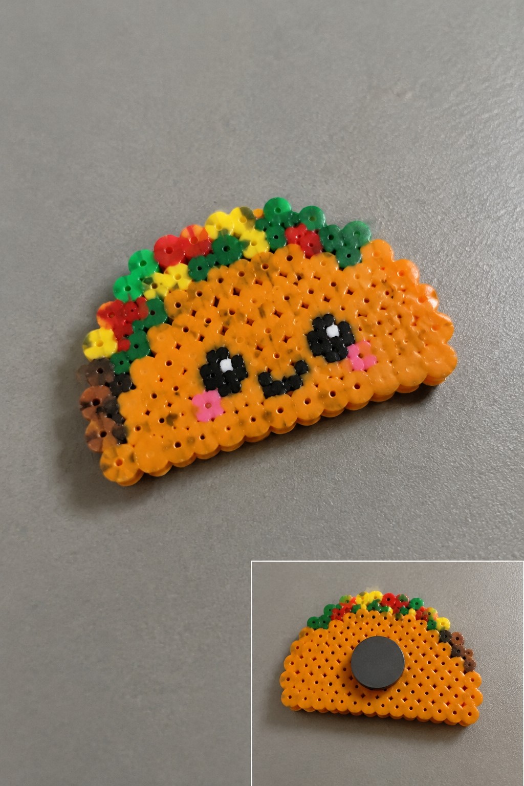 Perler bead taco with orange shell, black eyes, pink cheeks, and multicolored toppings on a pegboard next to a fused version with a magnet on the back.