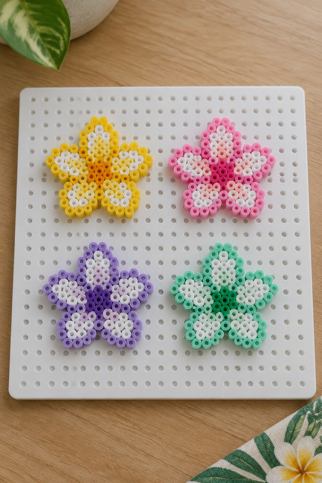 Four gradient bead stars in yellow, pink, purple, and green on a pegboard.