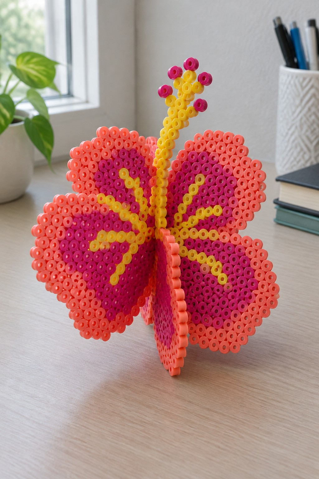 Vibrant pink orange yellow perler bead butterfly standing on wooden table