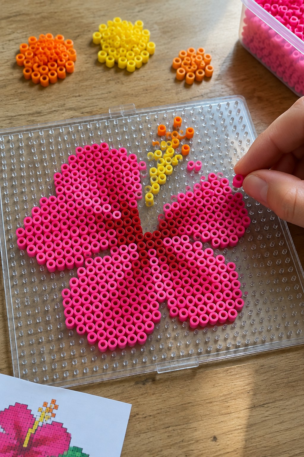 Hand placing pink bead on pegboard flower craft beside pattern guide and loose bead piles.