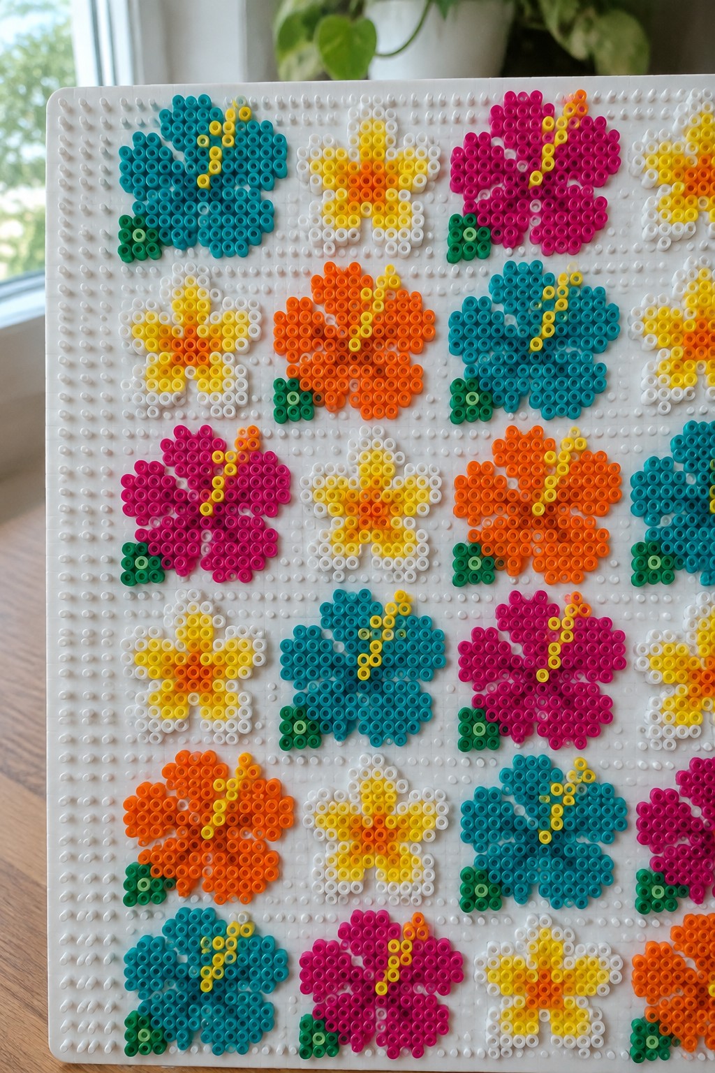 Multiple unfused Perler bead Hawaiian flower designs in tropical colors arranged on a white pegboard.