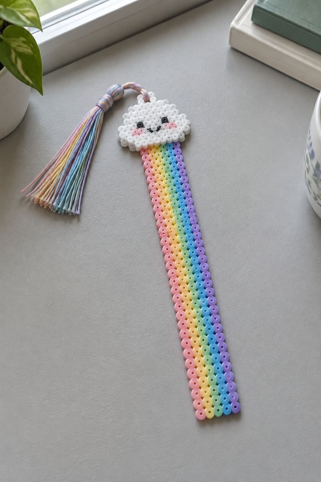 Rainbow beaded bookmark with smiling cloud face and colorful tassel on gray surface