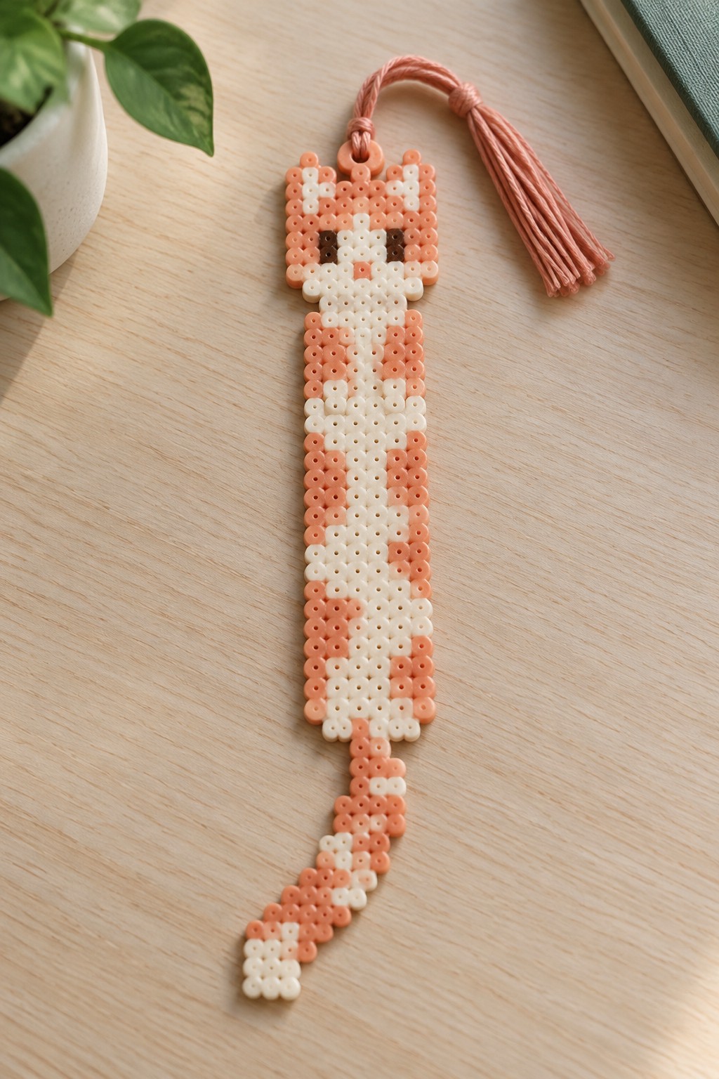 Peach and white beaded cat bookmark with tassel on wooden table