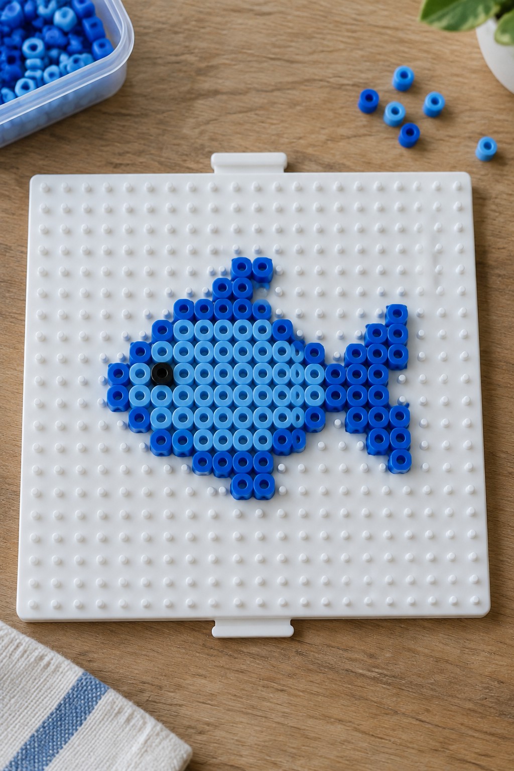 Blue beads form a fish on a white pegboard amid scattered loose beads on wood.
