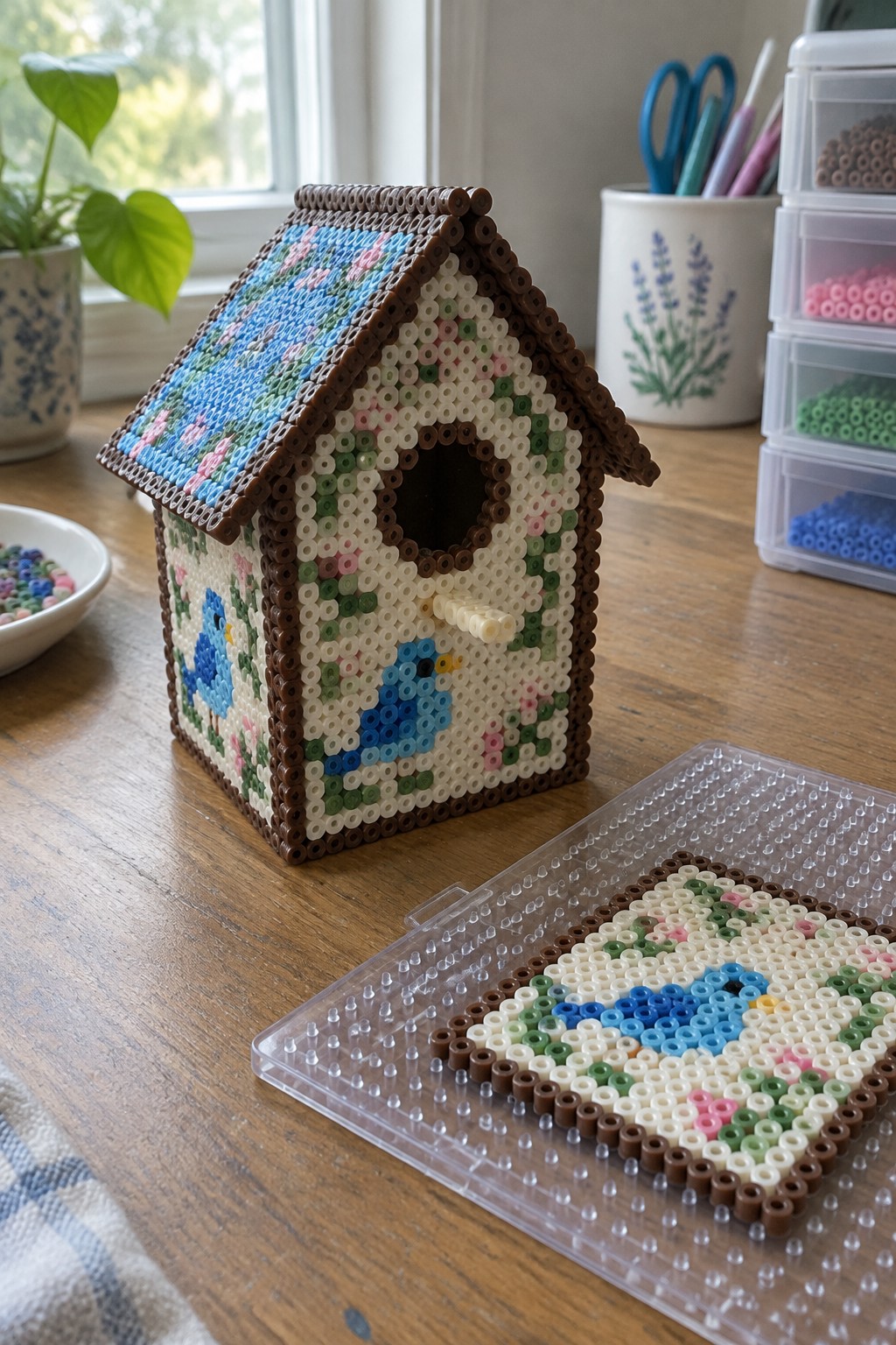 Perler bead birdhouse with blue birds and flowers beside pegboard on table