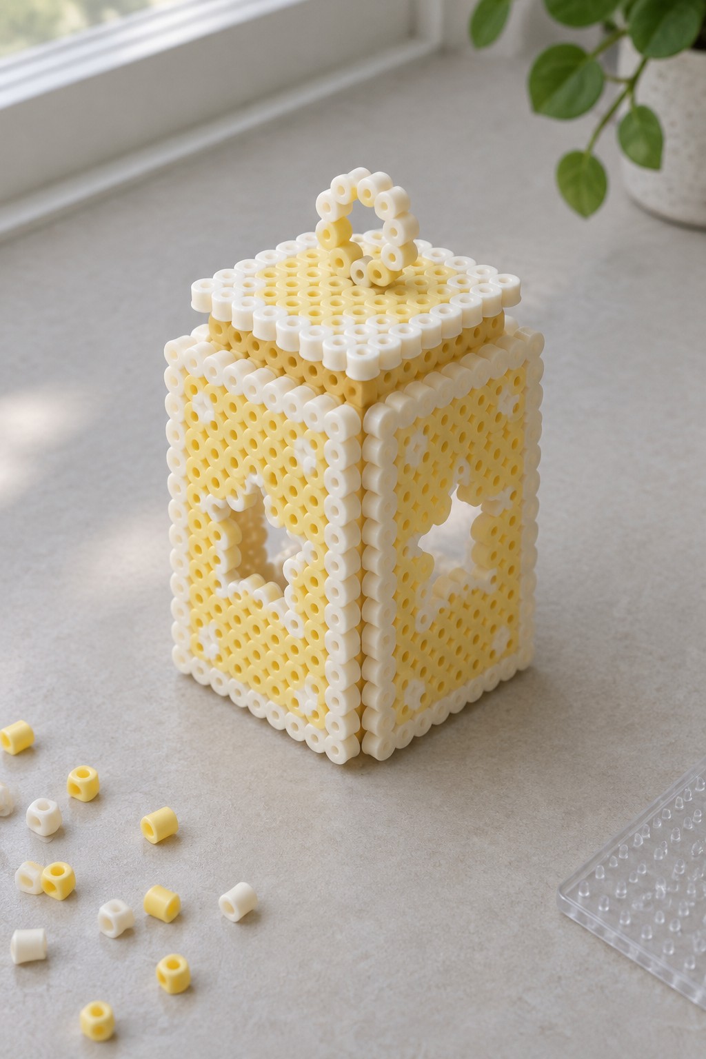 Fused Perler bead 3D yellow and white cube lantern with cutout windows and a beaded handle on the lid.