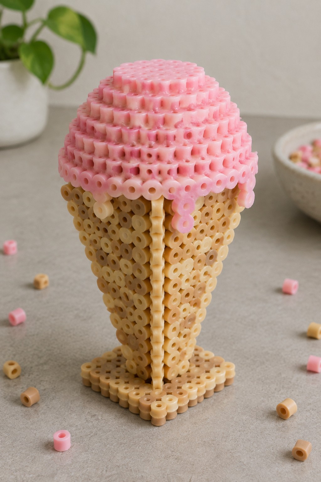 A 3D Perler bead ice cream cone made with beige cone layers and pink ice cream scoop.