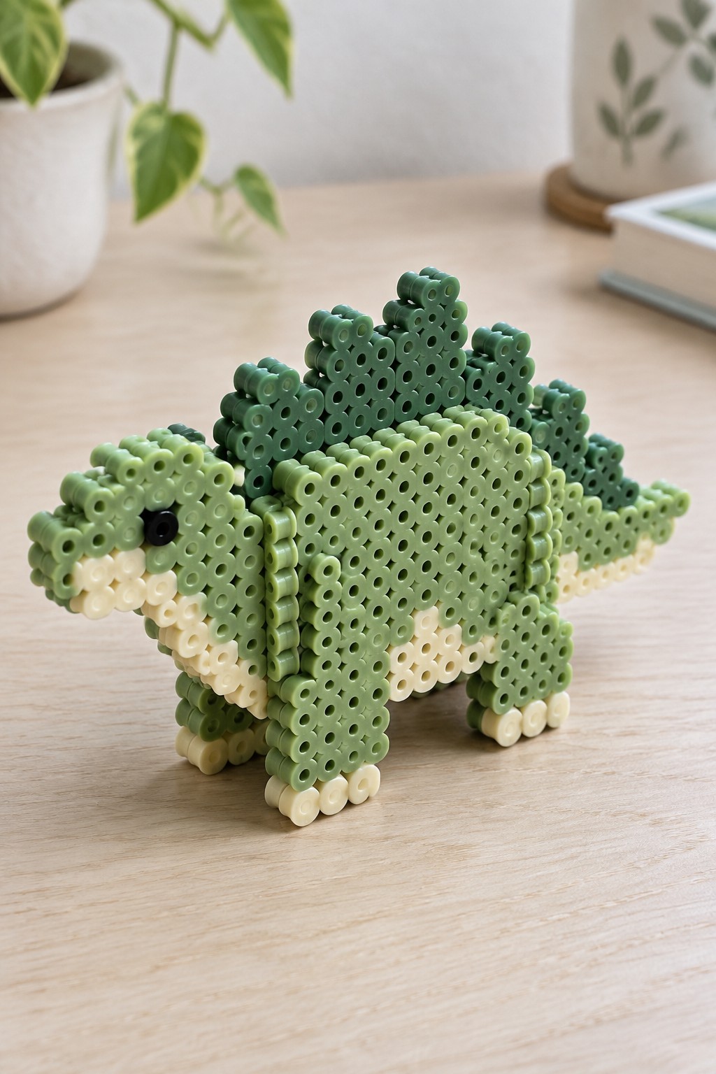 Green perler bead stegosaurus with cream accents on wooden table