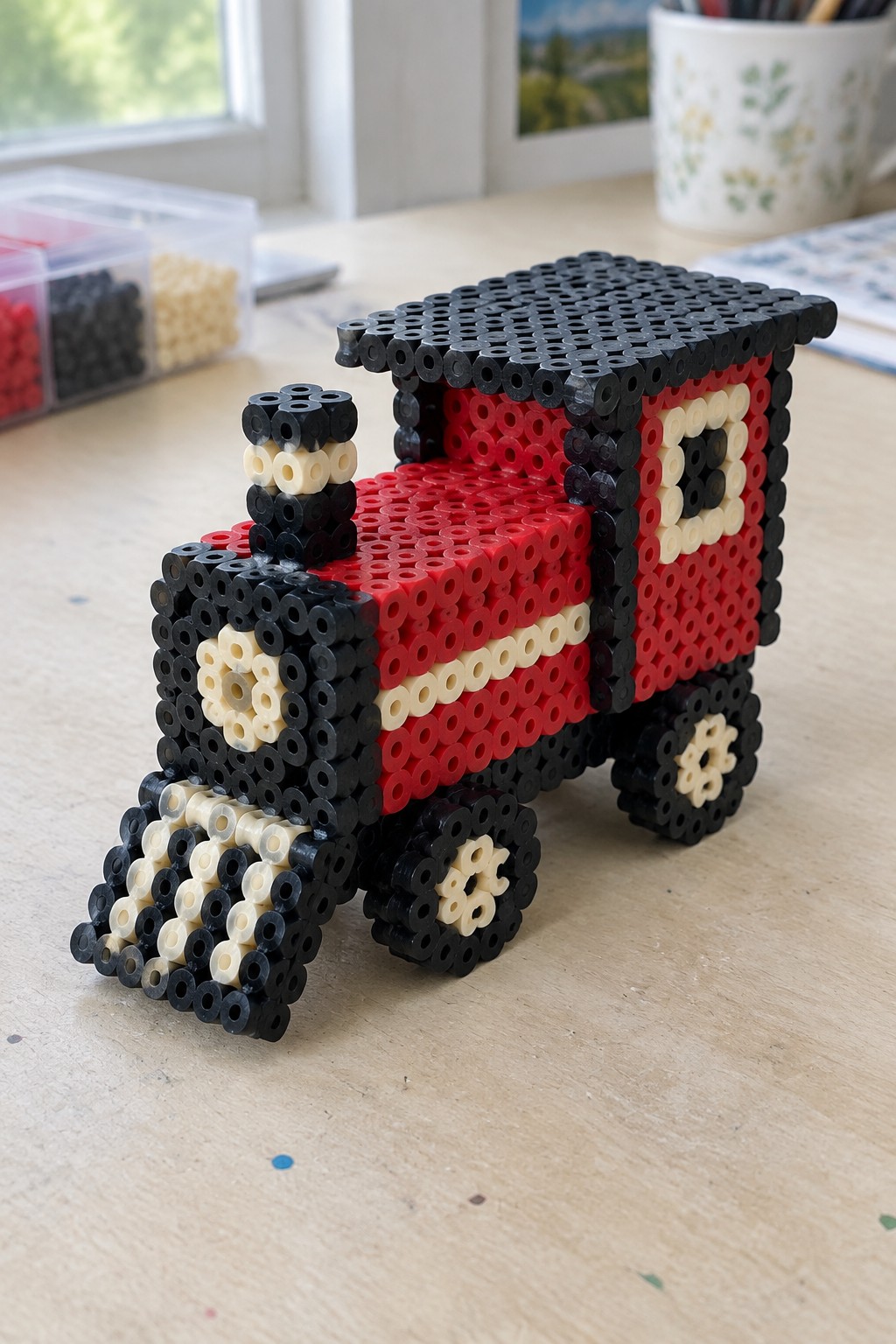 Red and black Perler bead steam locomotive with beige accents on wooden table.