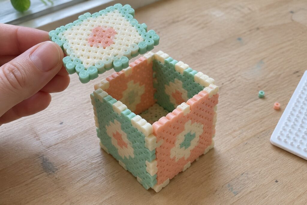 Hand lifts pastel beaded lid from open perler bead box on wood table