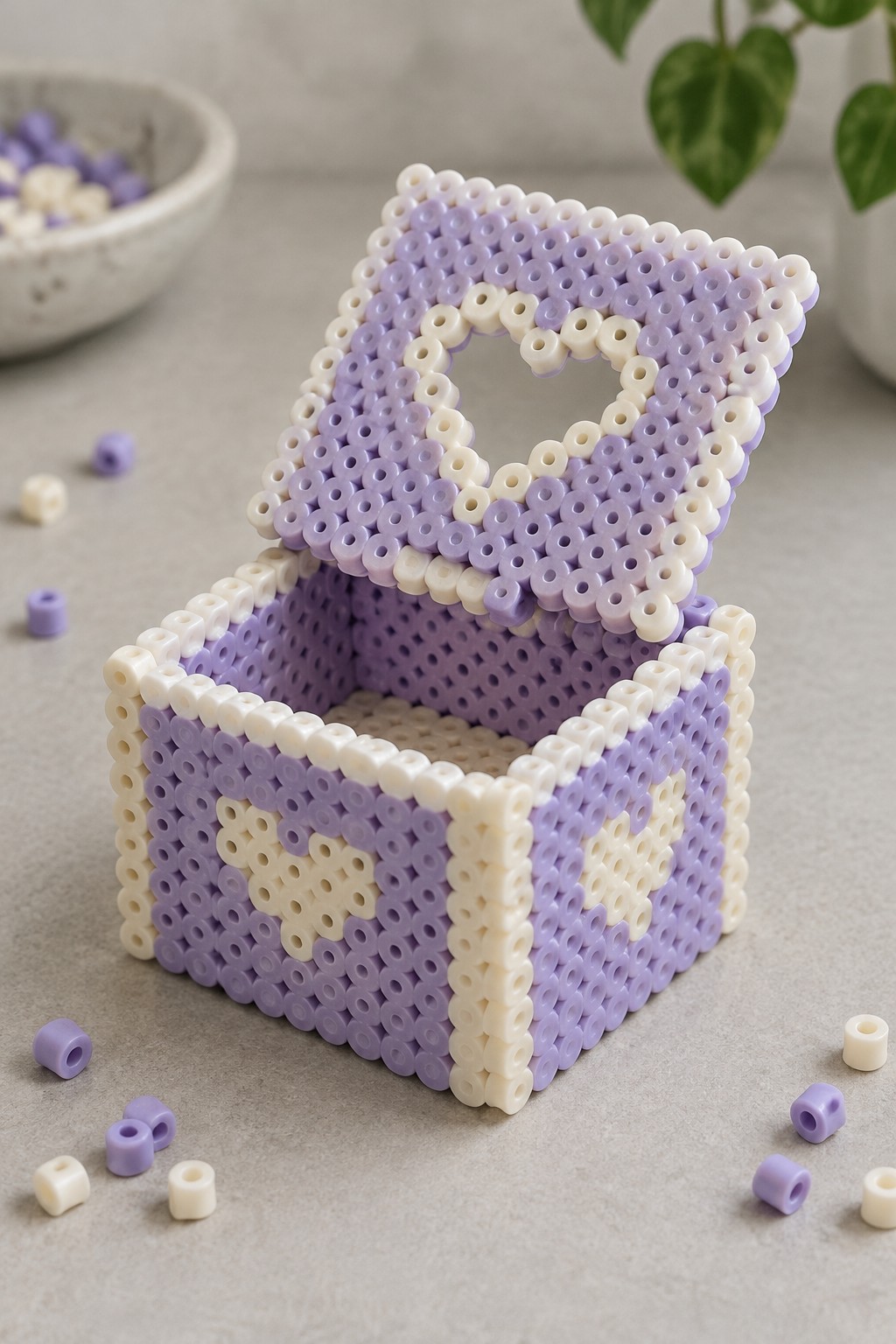 A 3D Perler bead box assembled from purple and white panels with heart patterns and an open lid with a heart cutout.