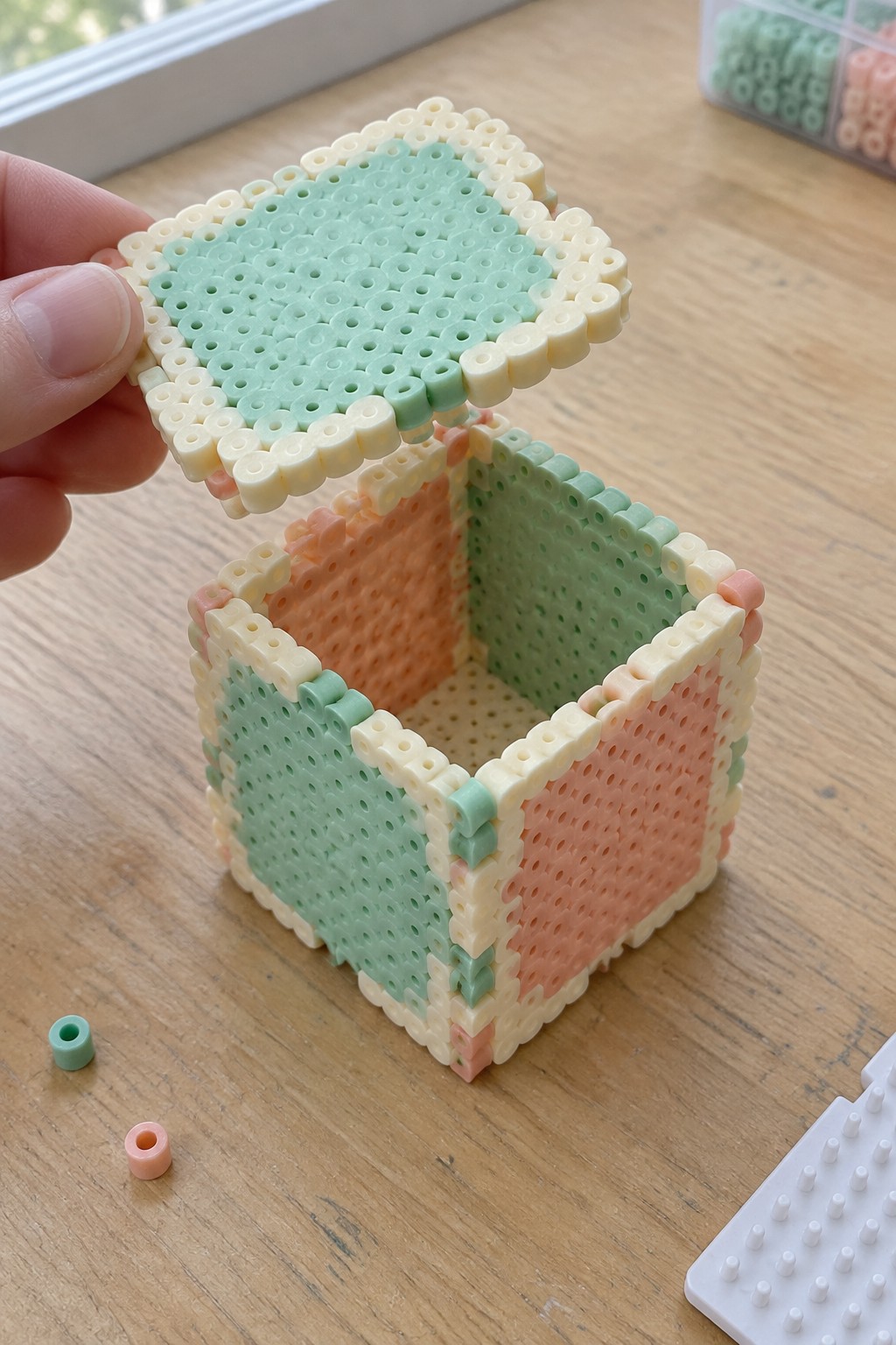 Hand lifts pastel beaded lid from open perler bead box on wood table