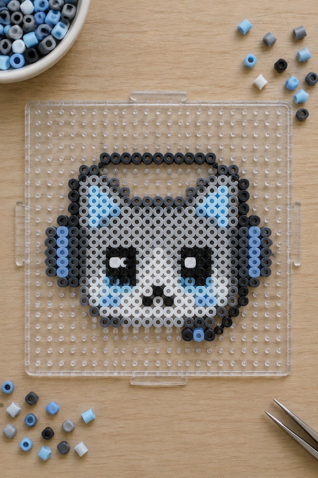 Perler beads forming a blue-accented cartoon animal face on a clear pegboard.