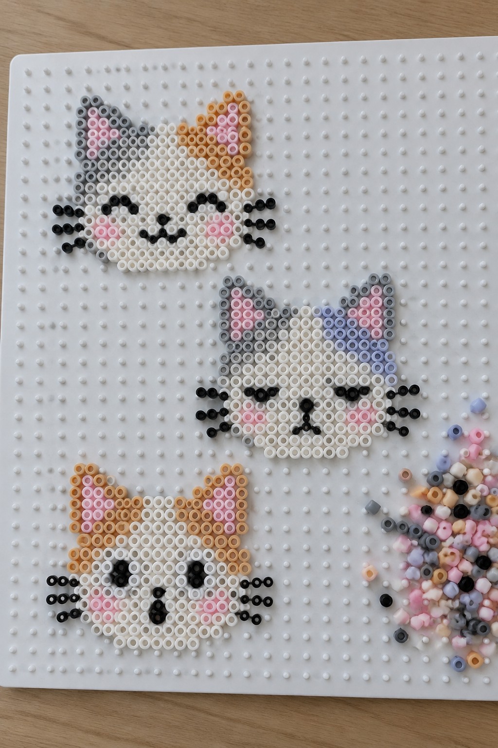 Three perler bead cat faces in orange, gray, and pink on white pegboard with scattered beads.