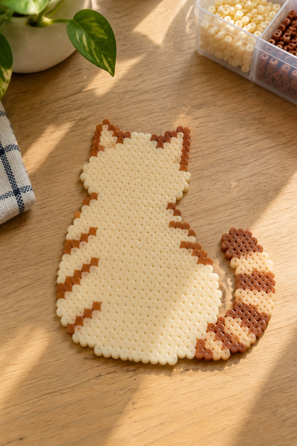 Perler bead cat in cream with brown stripes and tail on wooden table