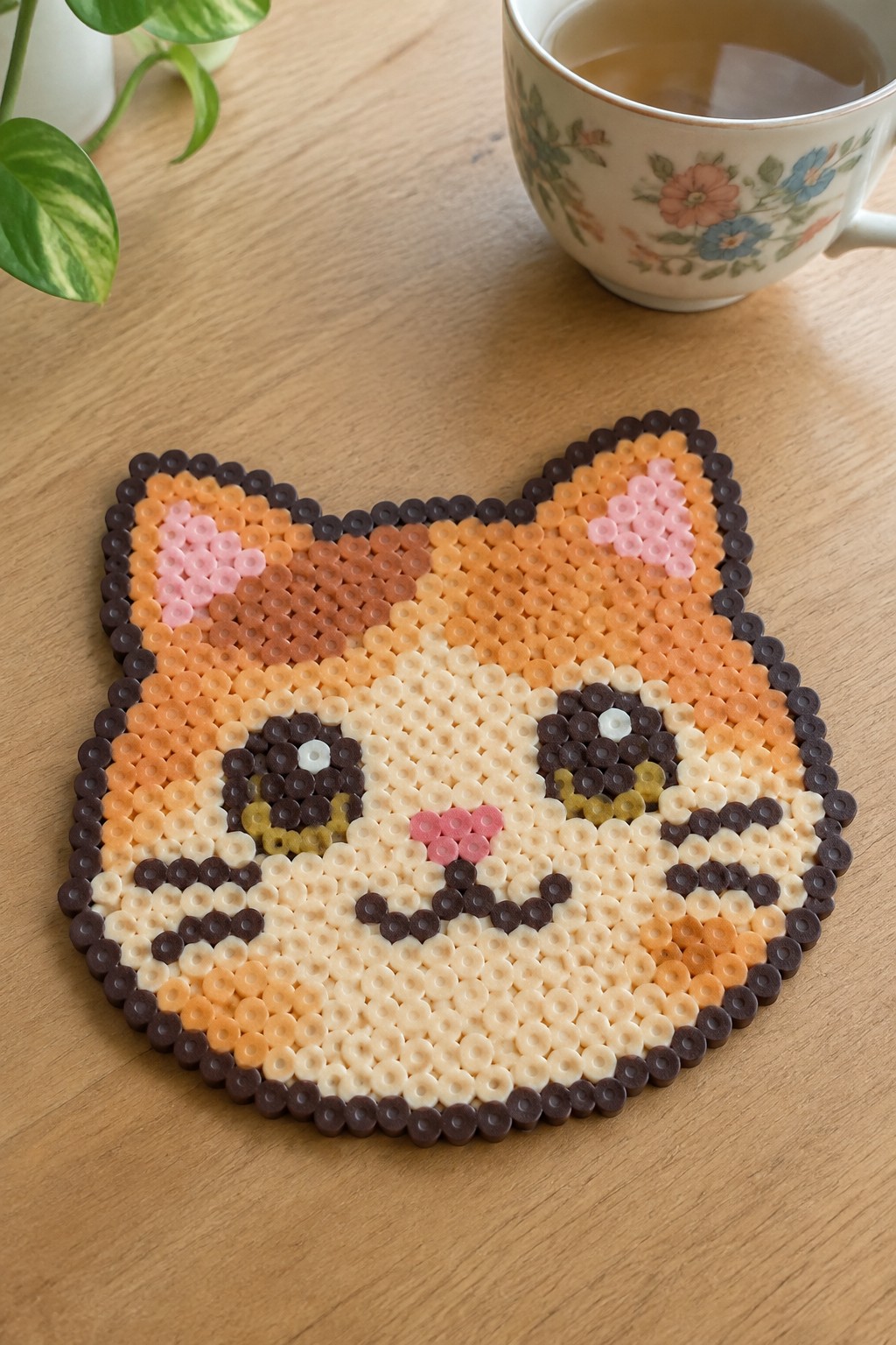 Perler bead cat face coaster beside floral teacup on wooden table