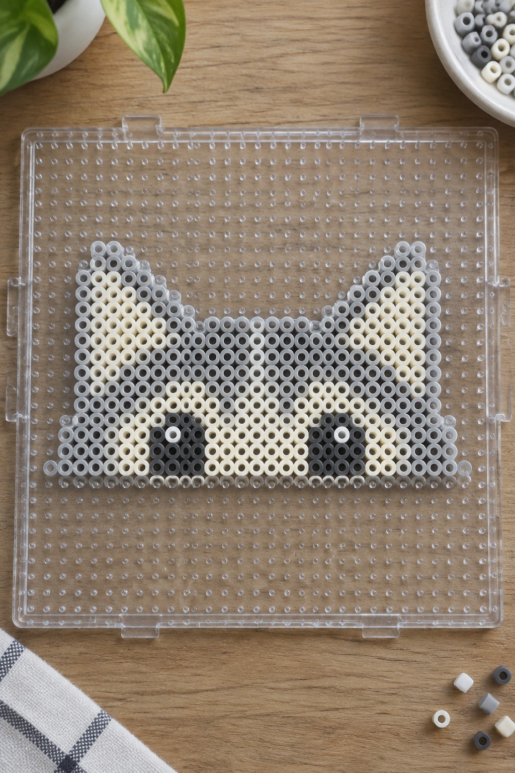 Perler bead cat in white, gray, and black on clear pegboard over wood.