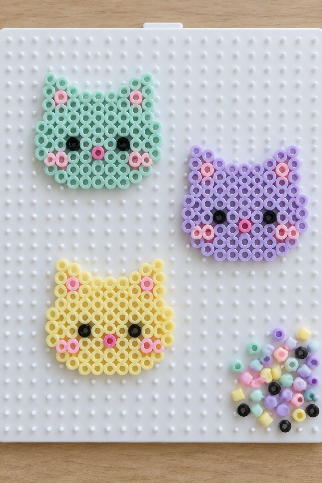 Three unfused Perler bead cat faces in mint green, purple, and yellow on a white pegboard with loose beads nearby.