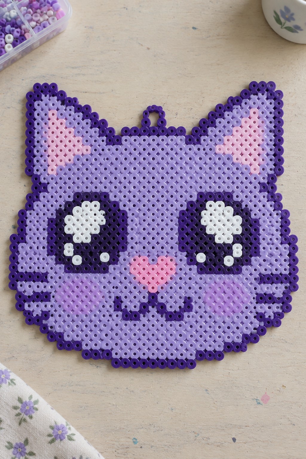 Purple perler bead cat face with pink ears, white eyes, and heart nose.