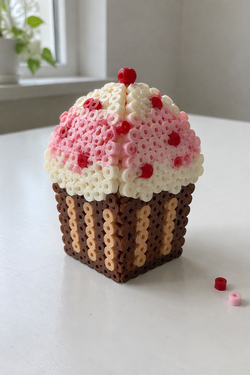 Fused Perler bead 3D cupcake with brown striped base, pink and white swirled top, and red cherry bead.