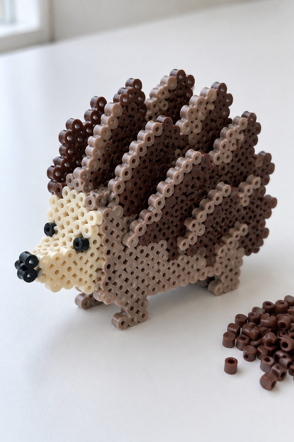 A fused Perler bead 3D hedgehog figure in brown and beige tones with black eyes and nose, standing on a white surface.