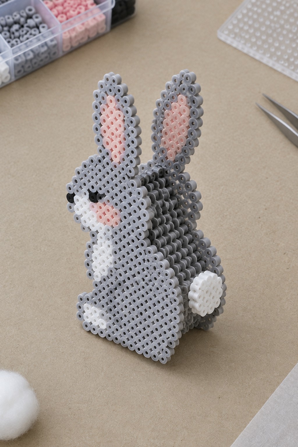 A fused Perler bead 3D rabbit figure in gray, white, and pink with black details, standing upright.