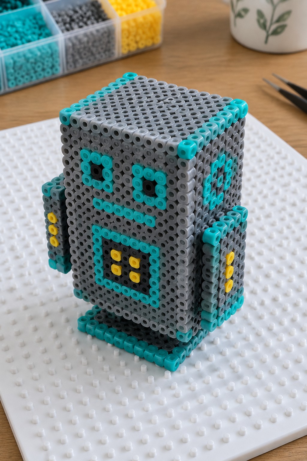 A 3D Perler bead robot with gray body, turquoise borders, yellow accents, and black eyes arranged on a white pegboard.