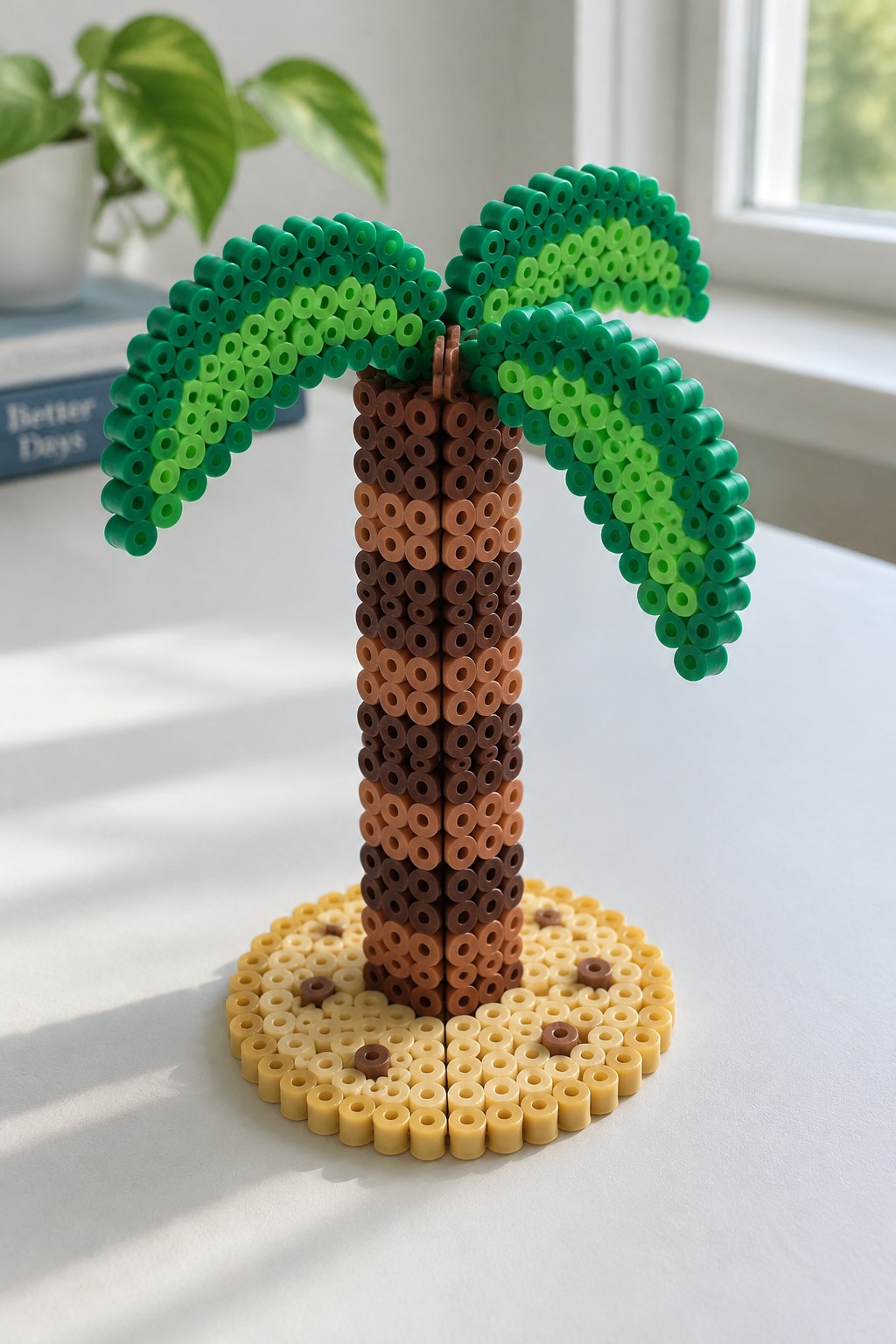 Brown and green Perler bead palm tree on circular yellow sand base