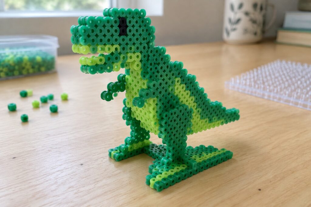 20 Clever 3D Hama Bead Ideas for Freestanding Figures Green Perler bead T-Rex dinosaur on wooden table amid scattered beads