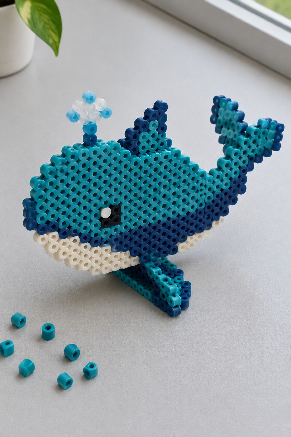 A 3D Perler bead whale made of blue and white beads with a spout, fins, tail, and base.