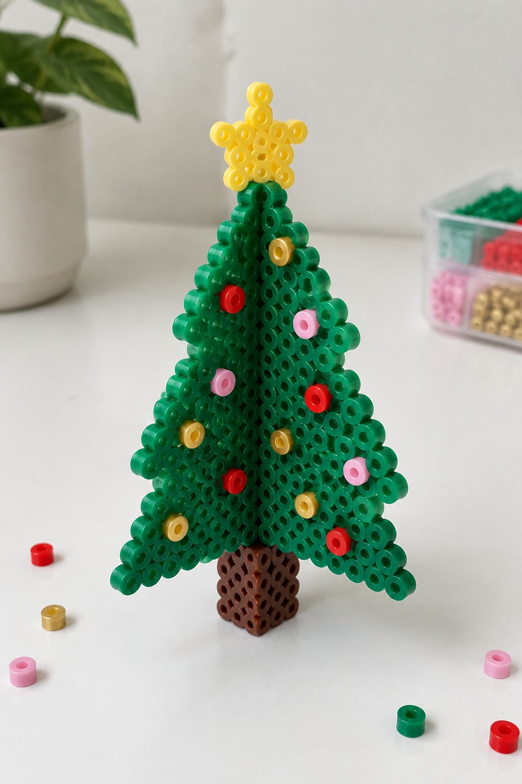 Green Perler bead Christmas tree with yellow star and colorful ornaments on white table