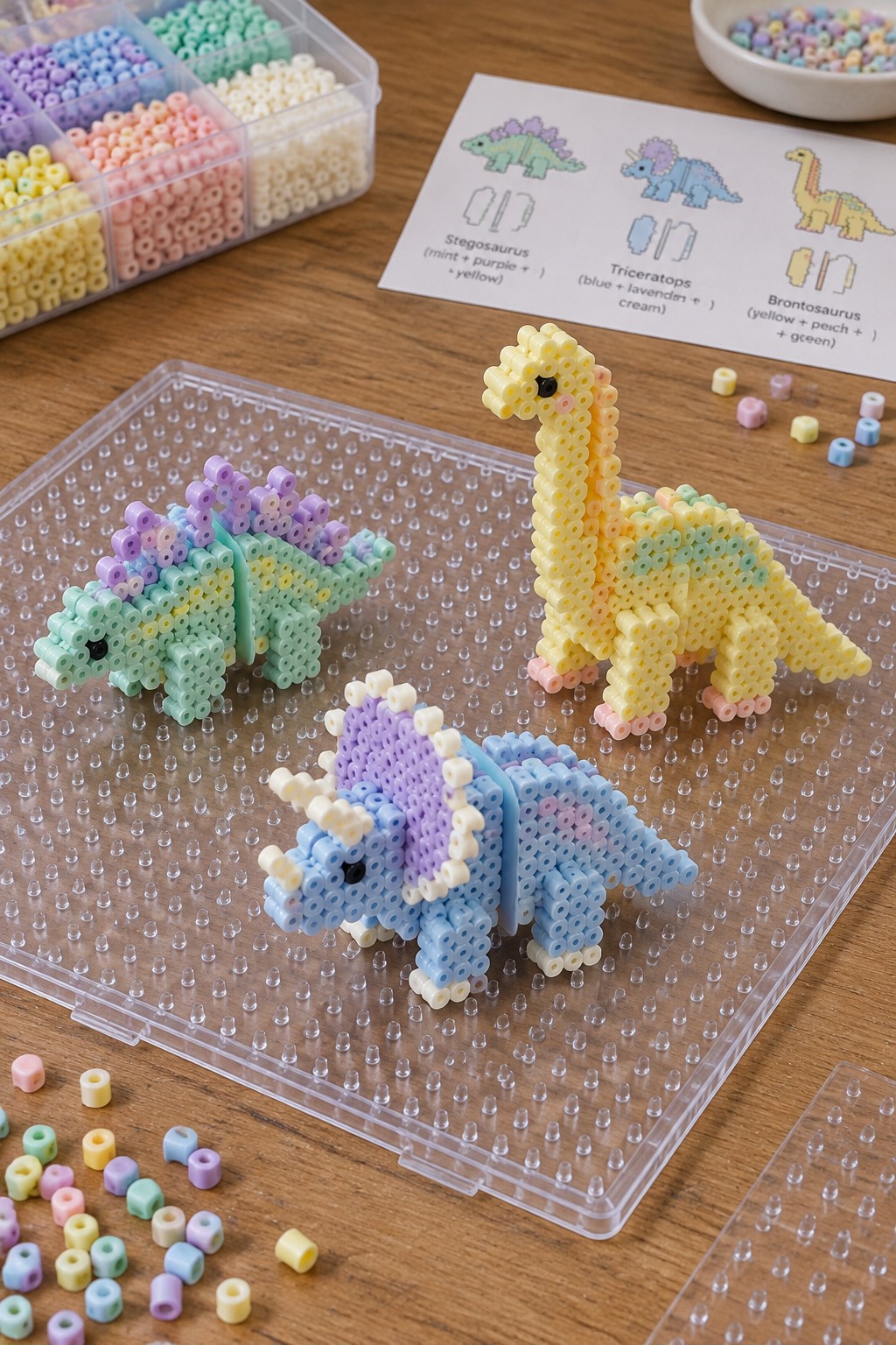 Colorful perler bead dinosaurs on pegboard with beads, organizer, and pattern guide.