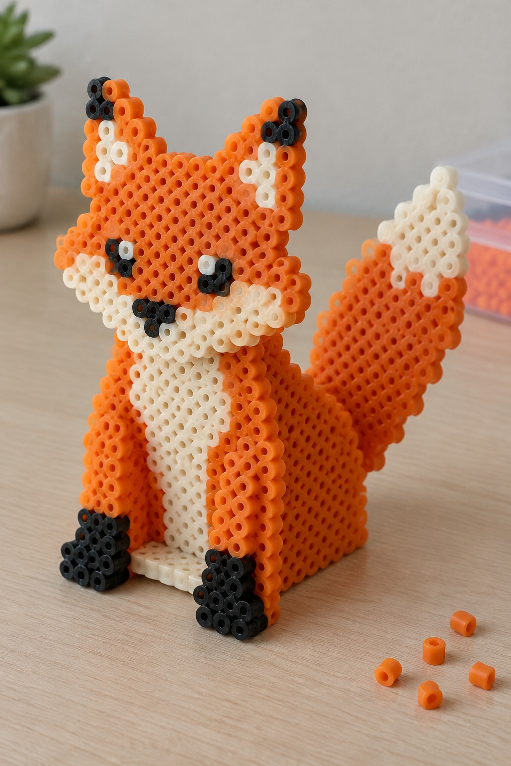 Orange perler bead fox with white chest, black paws on wooden table