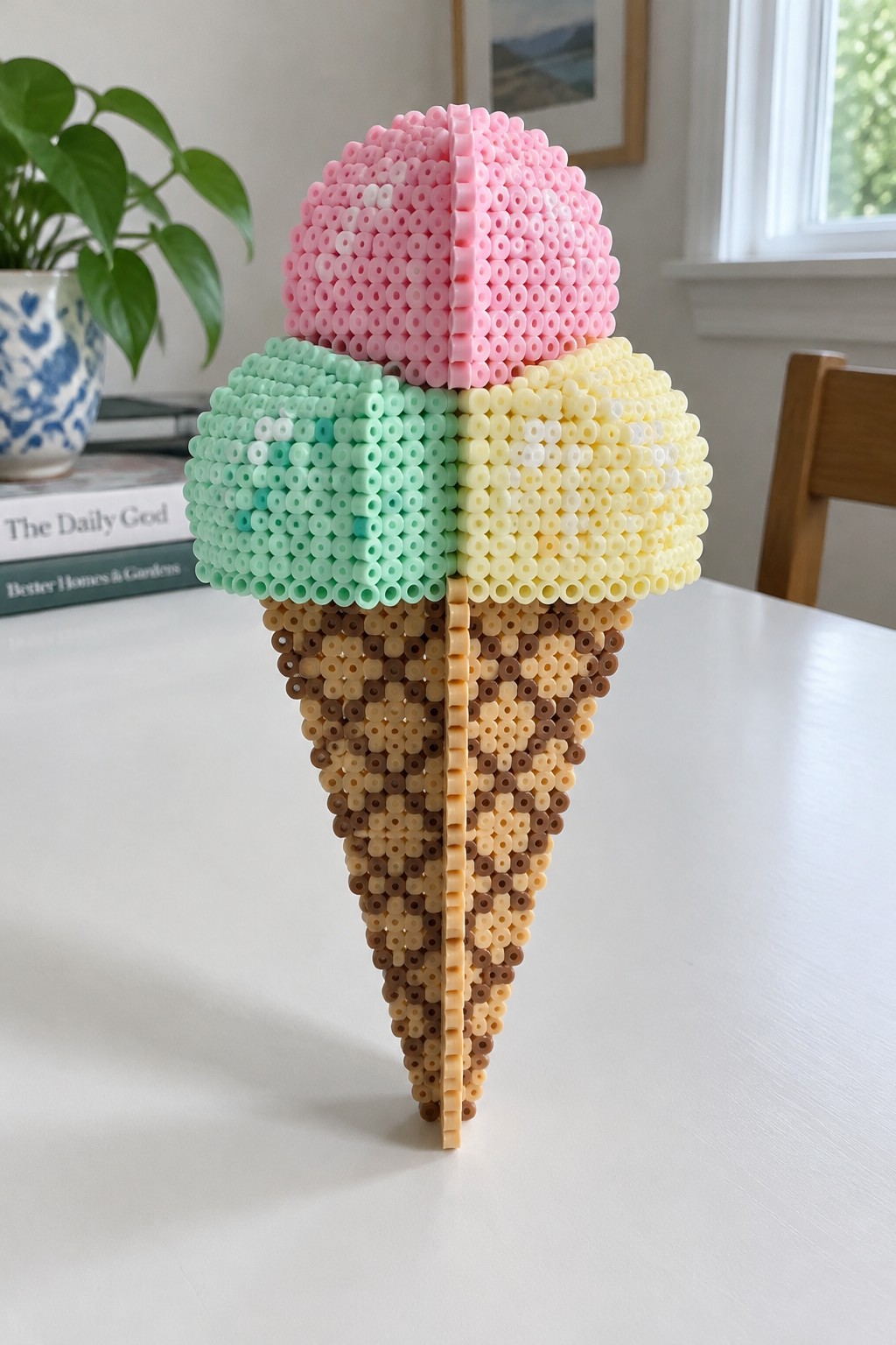 Perler bead ice cream cone sculpture with pink, mint, and yellow scoops on brown cone