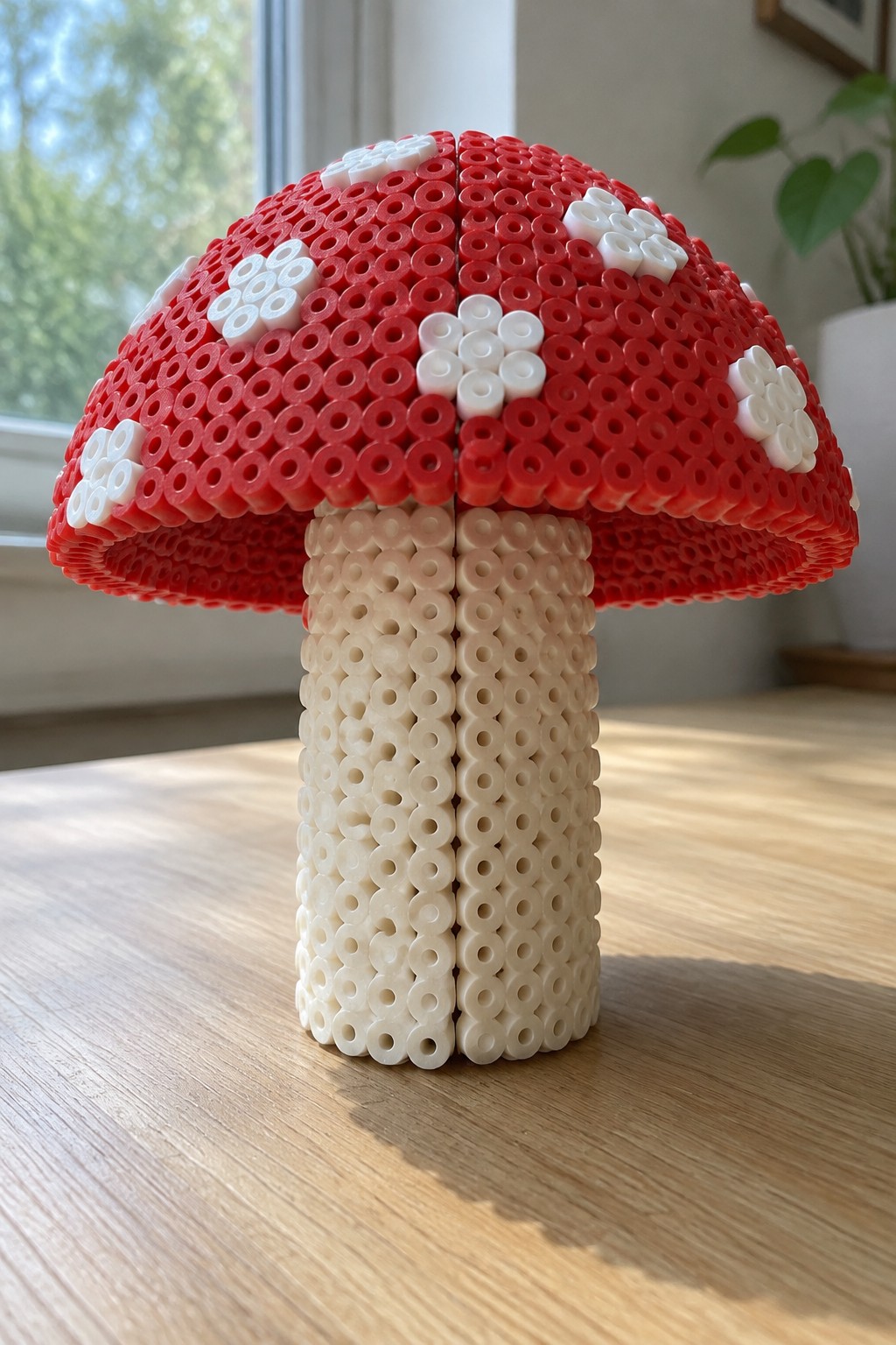 Red perler bead mushroom with white spots and beige stem on wooden table