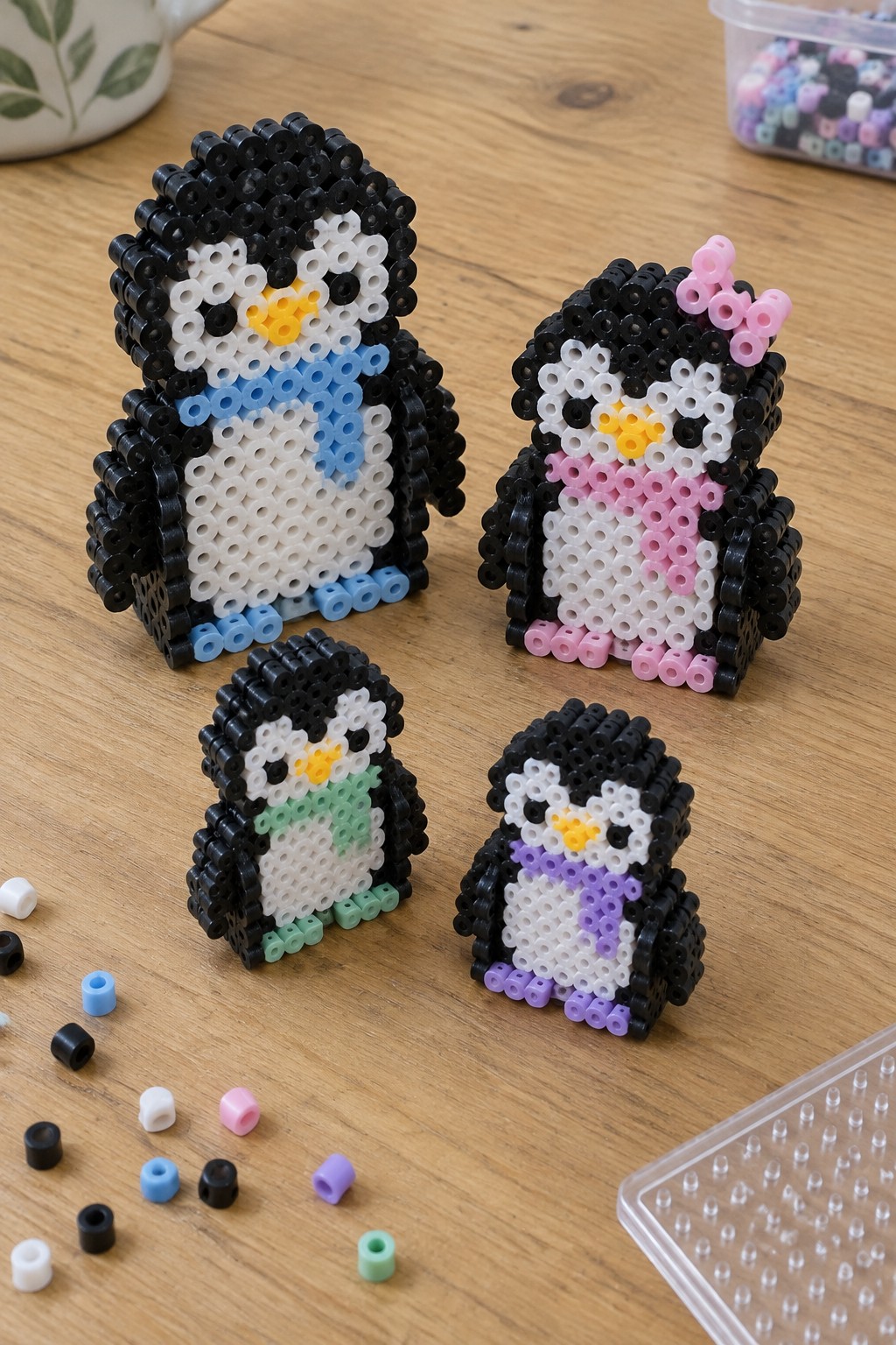 Four perler bead penguins with pastel scarves and bows on wooden table