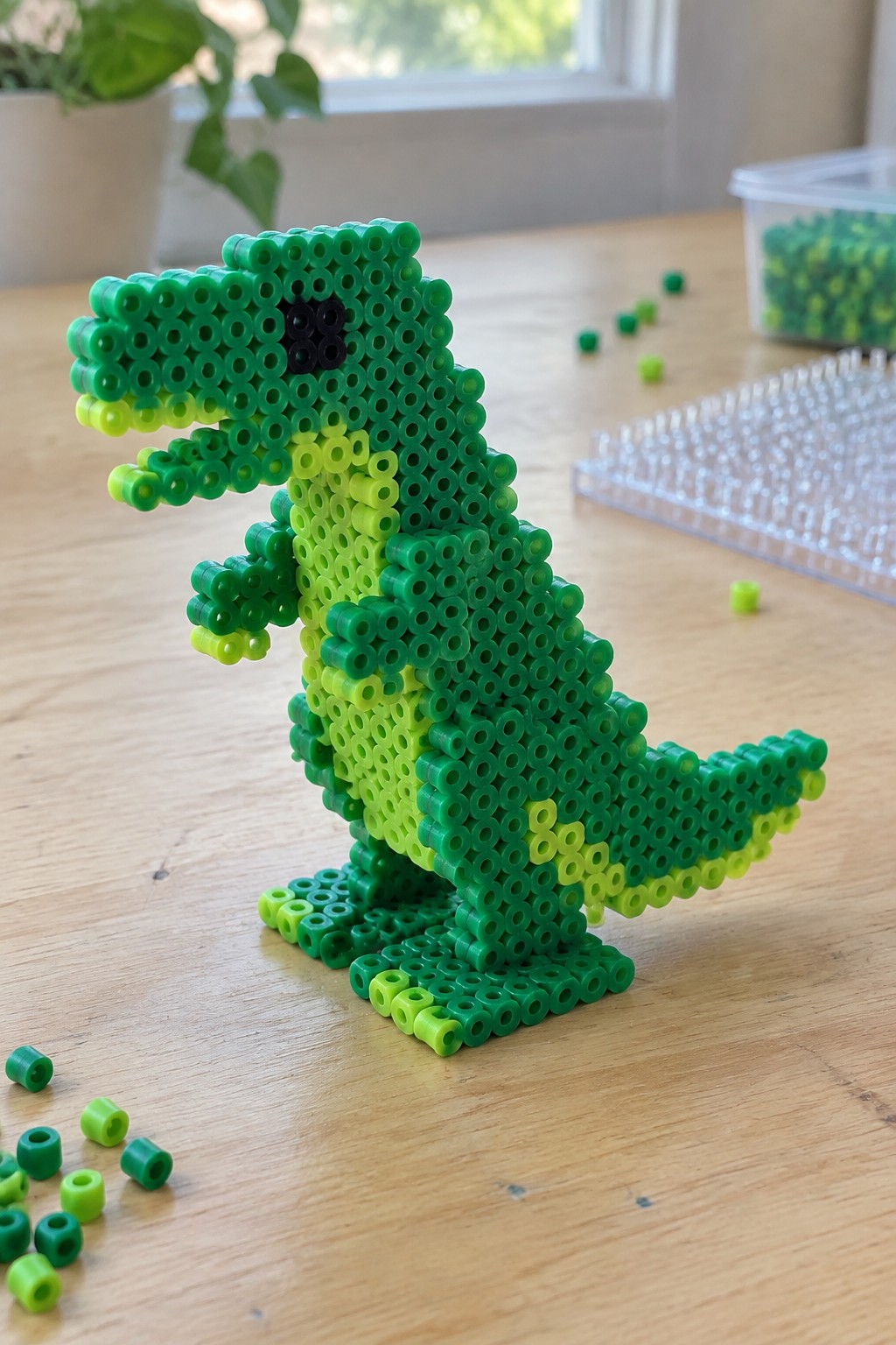 Green Perler bead T-Rex dinosaur on wooden table amid scattered beads