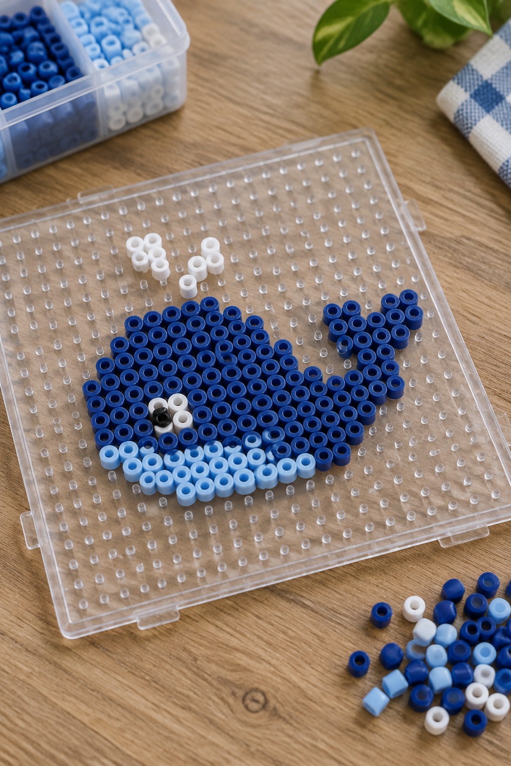 Blue whale Perler beads on clear pegboard with scattered beads and storage box nearby