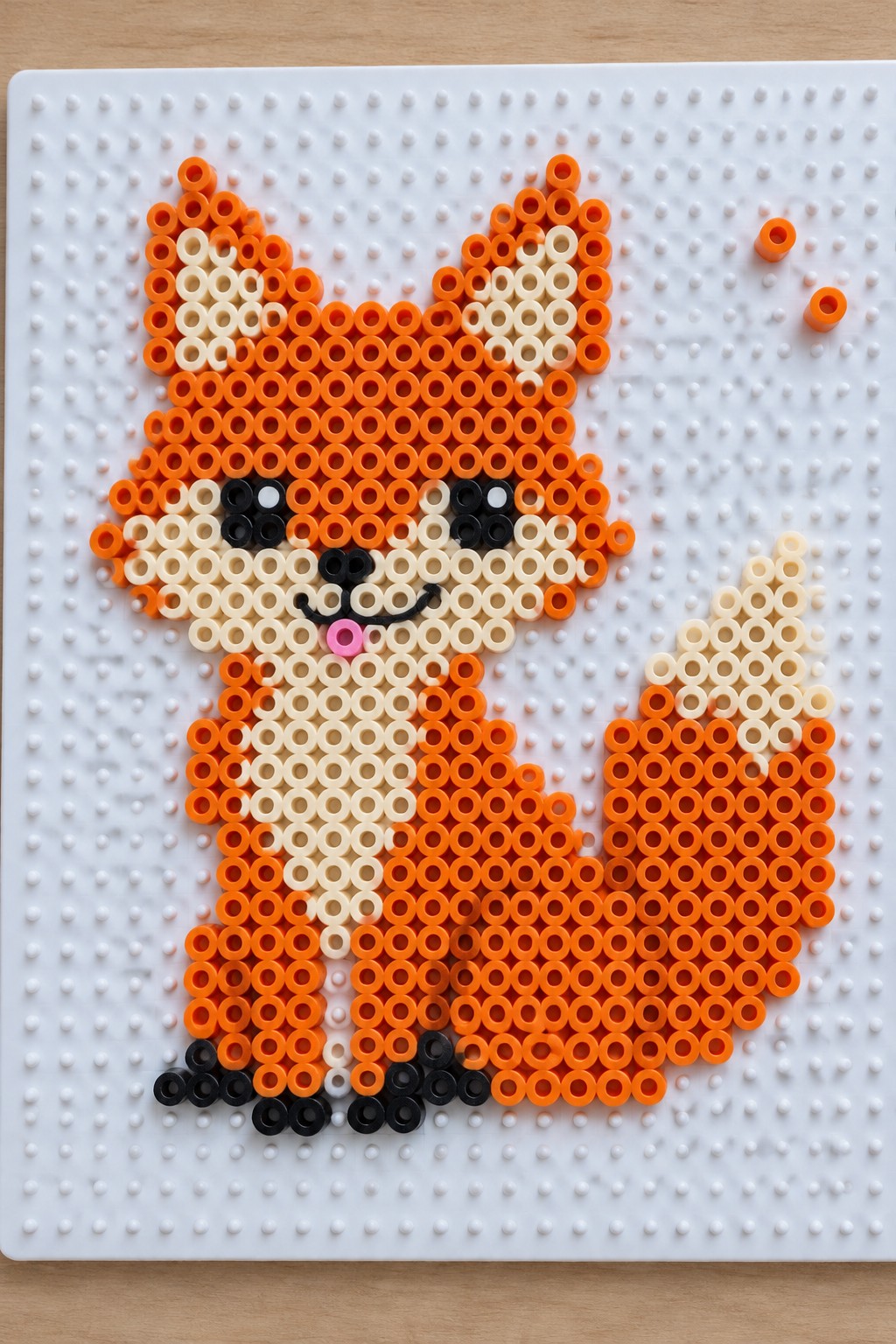 Orange Perler bead fox with white chest, black paws and tail on pegboard