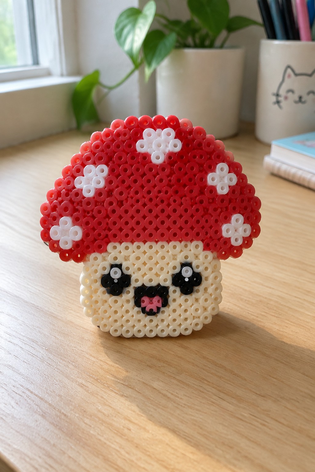 Red perler bead mushroom with white spots and cute face on wooden table