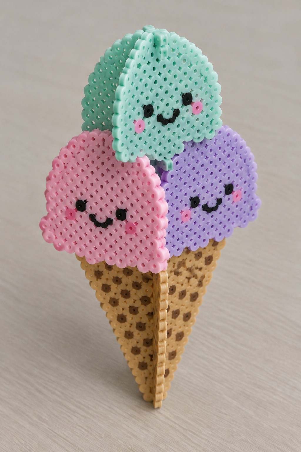 Three colorful Perler bead ice cream scoops with faces in a waffle cone.