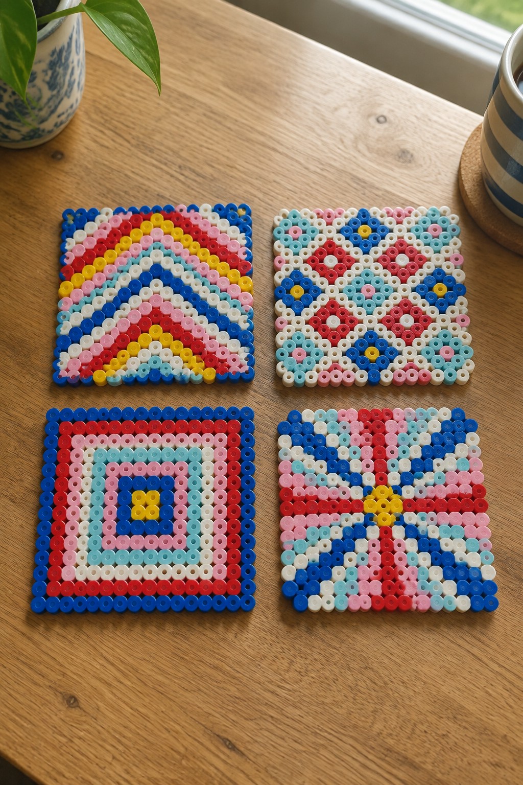 Four colorful perler bead coasters with rainbow, geometric, square and star patterns on wood