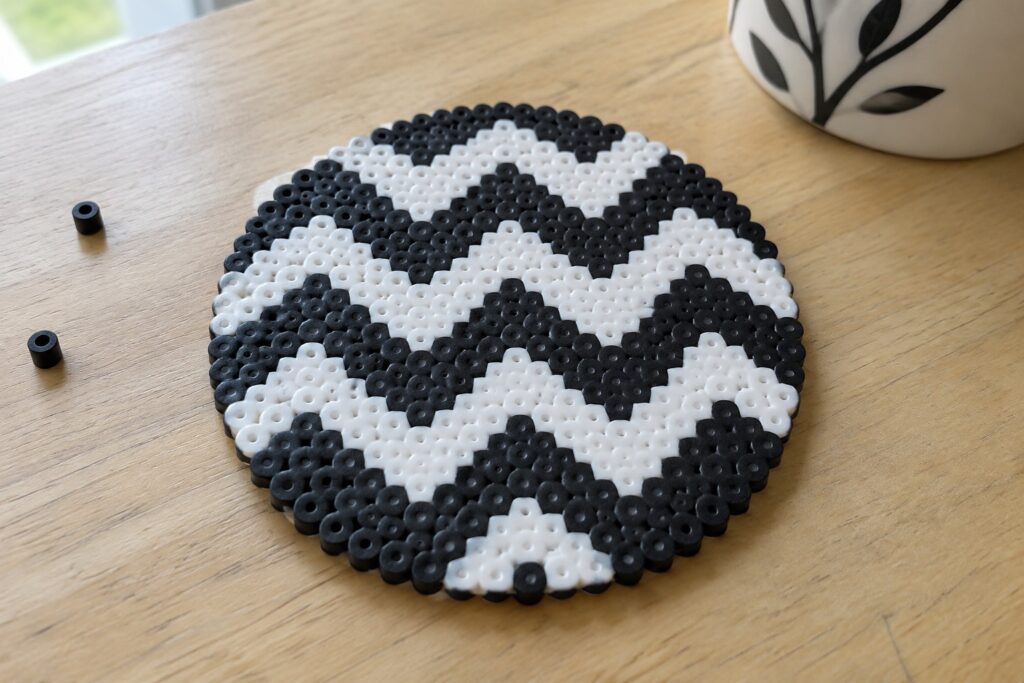 20 Perler Bead Coaster Ideas Featuring Bold Geometric Patterns Circular black and white perler bead mat on wooden table with loose beads nearby