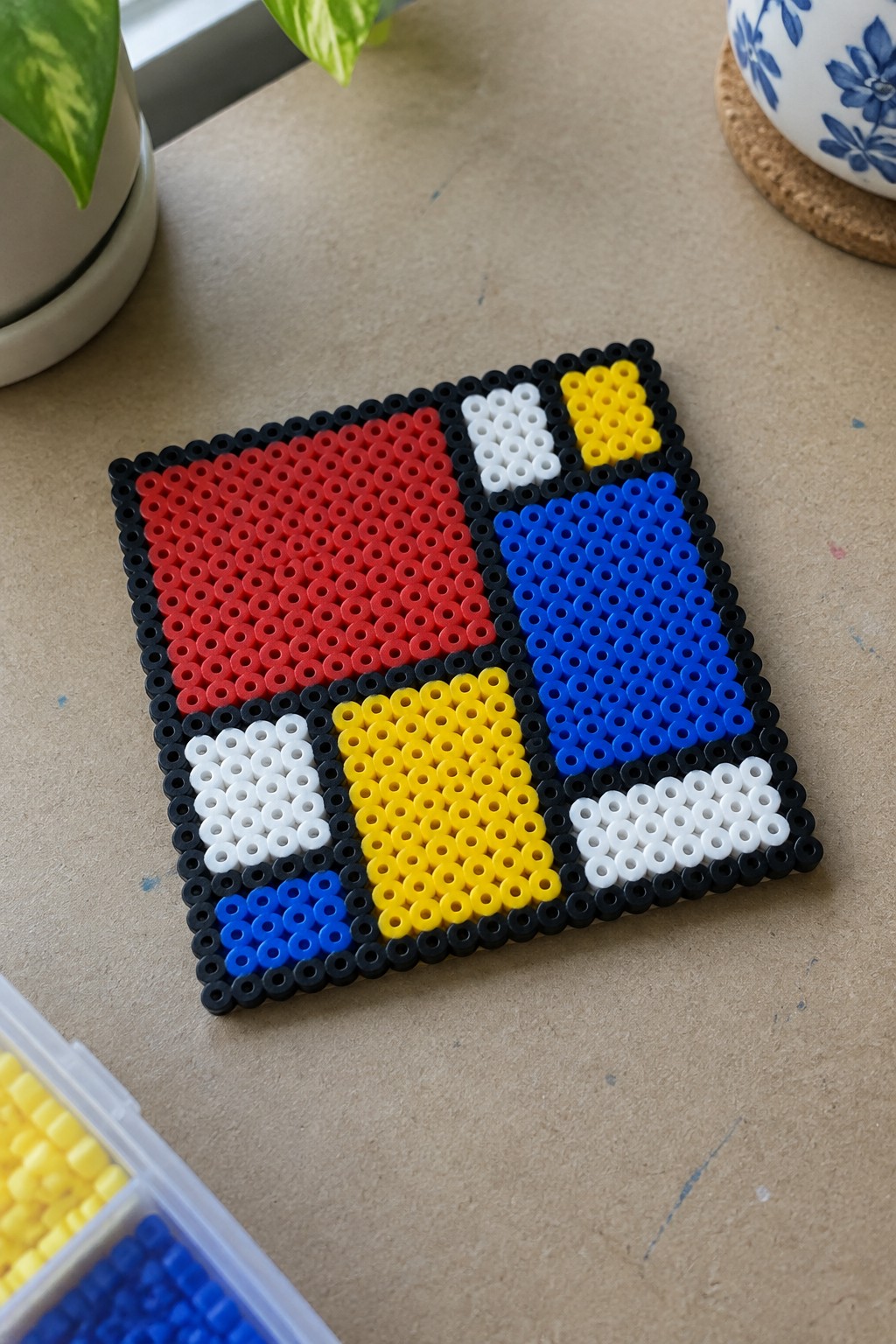 Geometric Perler bead design with red blue yellow white black squares on table