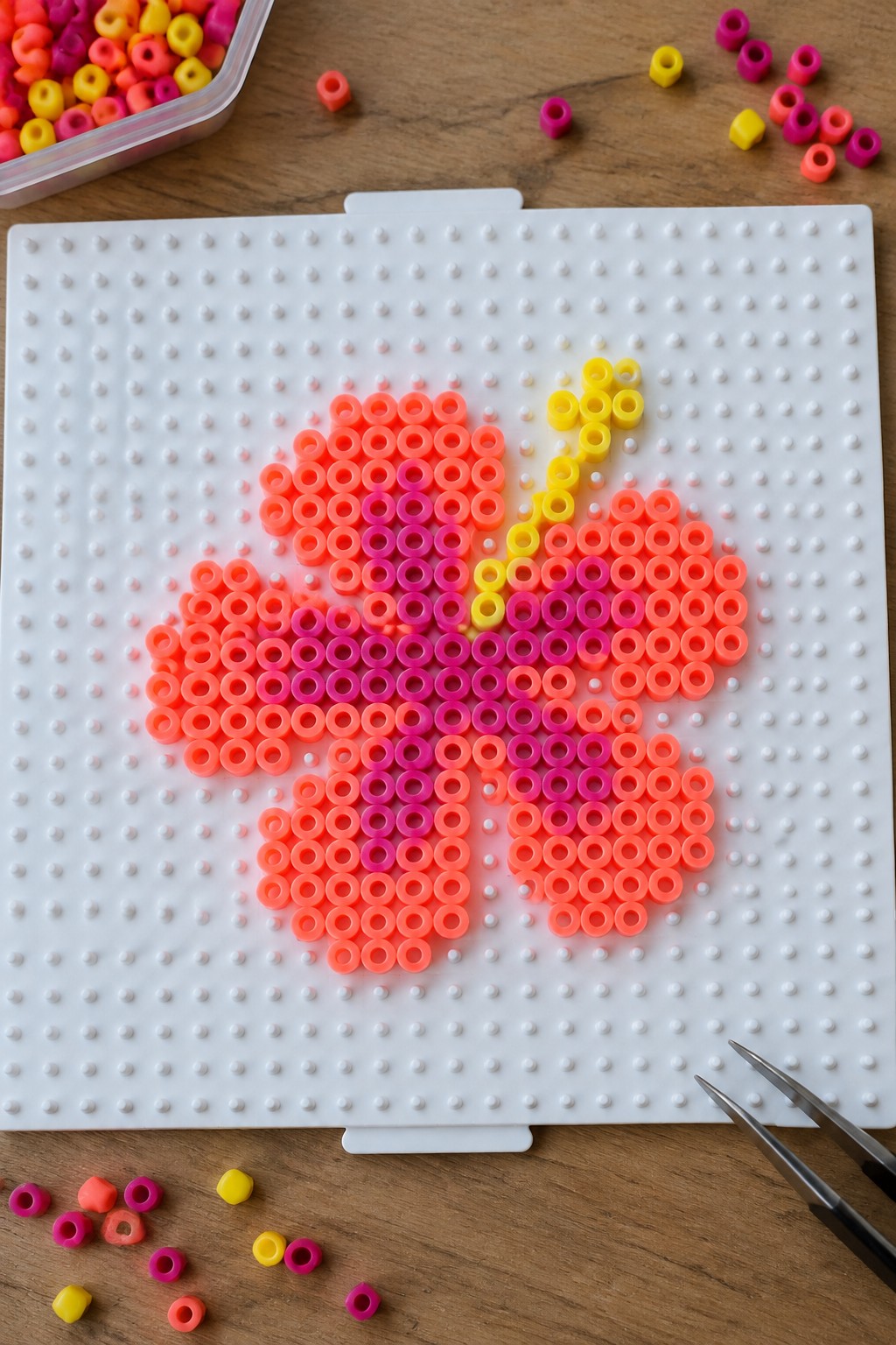 Pink and orange perler bead flower on white pegboard with loose beads and tweezers.