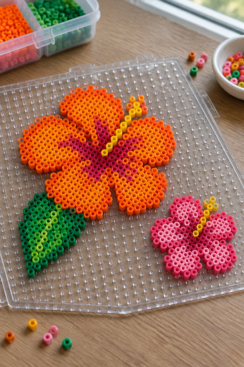 Colorful perler bead flowers in orange, pink, and green on a clear pegboard.