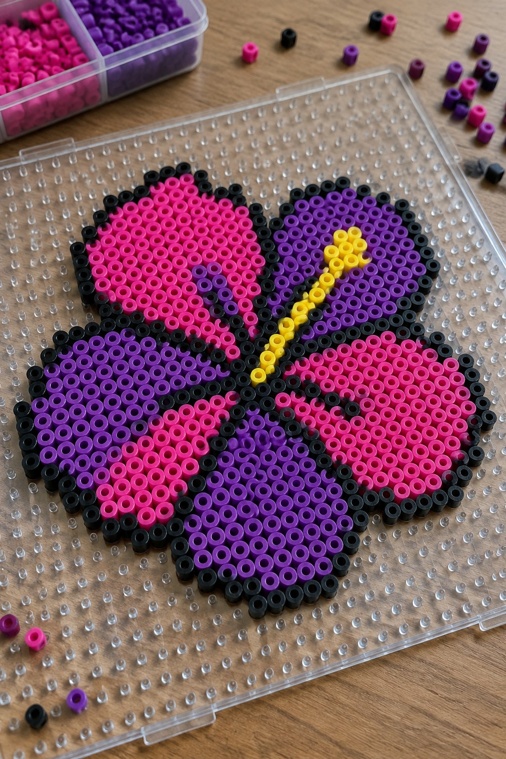 Pink purple black butterfly Perler bead art on clear pegboard with yellow accents
