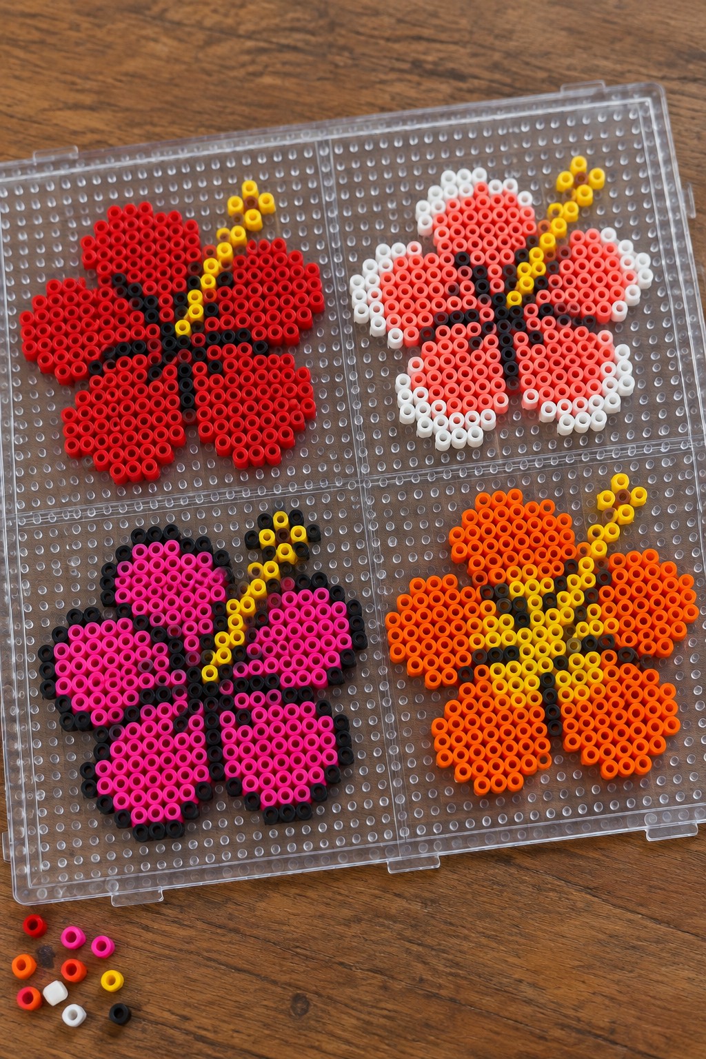 Four colorful perler bead hibiscus flowers on a clear pegboard tray.