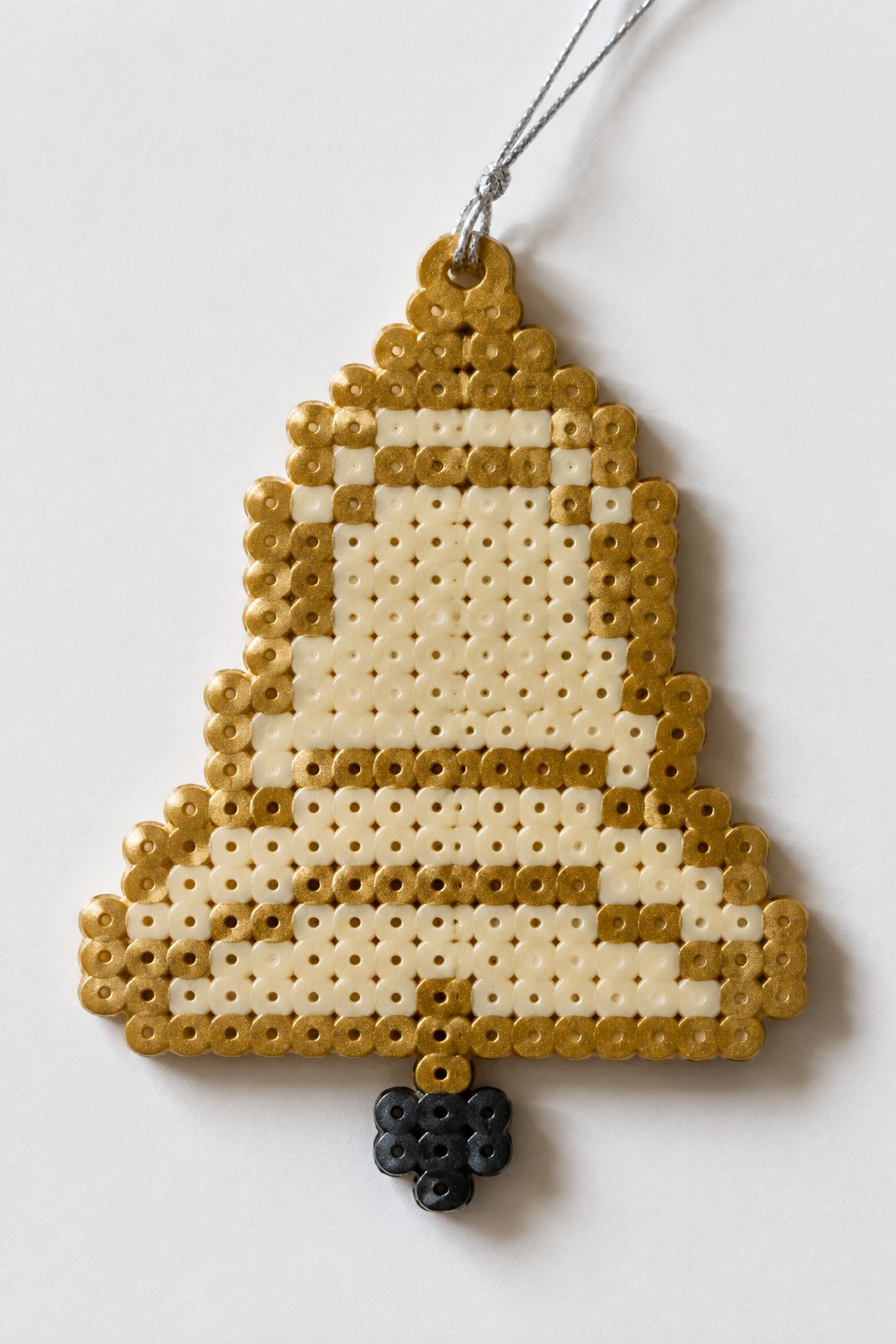 Gold and cream beaded bell ornament with black bead clapper and hanging string