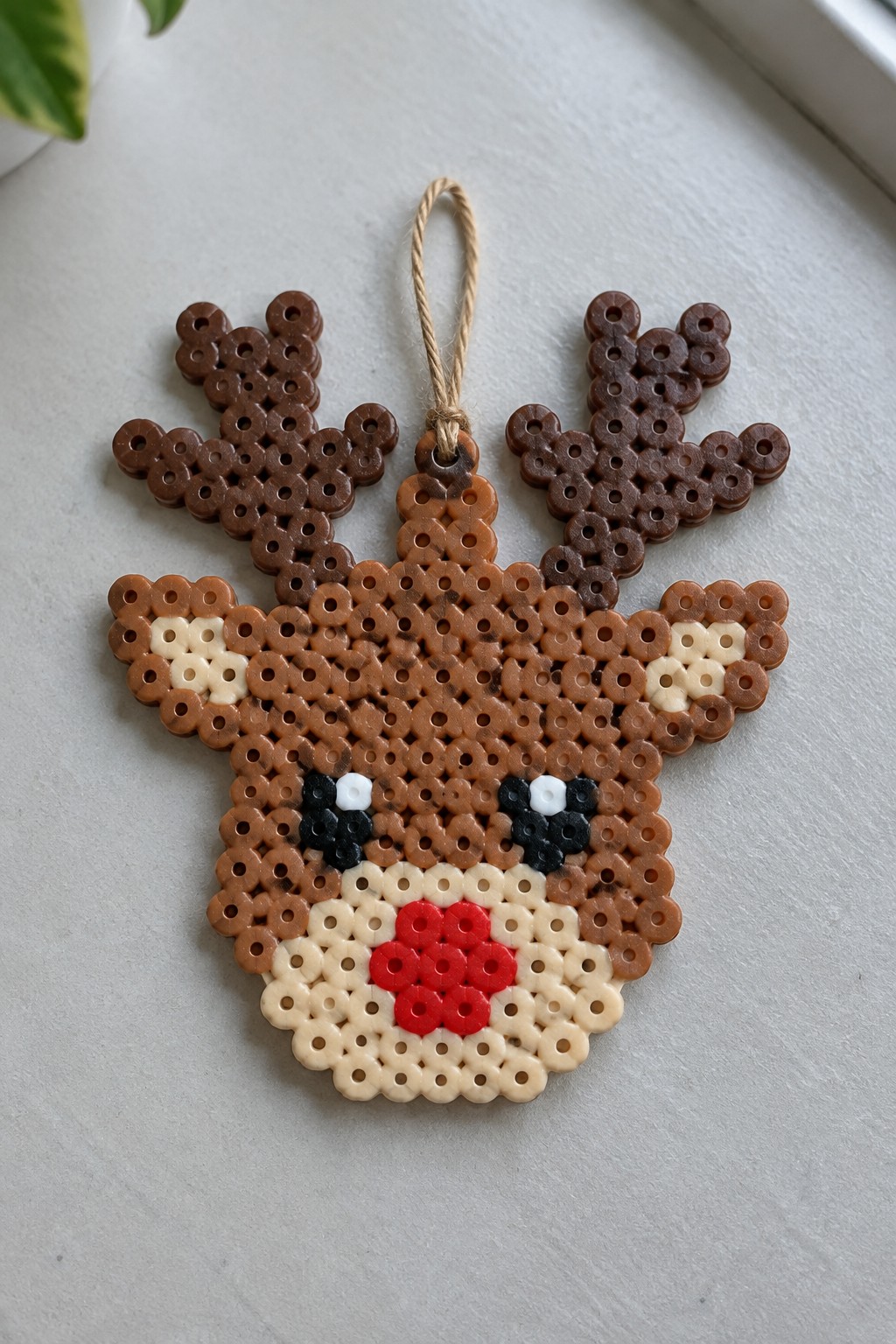 Brown perler bead reindeer ornament with antlers, red nose, and twine hanger
